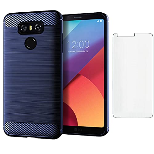 Asuwish Compatible with LG G6 Case and Tempered Glass Screen Protector Cover Cell Accessories Silicone Protective Phone Cases for LGG6 ThinQ LG6 Thin Q G 6 Plus G6+ 6G VS988 H872 Carbon Fiber Blue