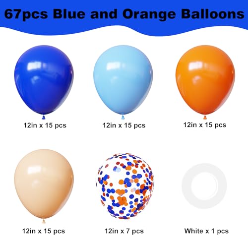 Image of YMSZ Blue and Orange Balloons, 67pcs 12 Inch Royal Light Blue and Orange Beige Balloons for Birthday, Graduation, Baby Shower Party Decorations