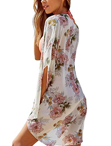 Women's Beach Kimono Jacket Sheer Cardigan Wide Bell Sleeve Sheer Open Floral Shirt Wrap Top (White, 2XL)