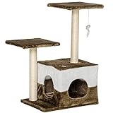 RASCADOR MULTIFUNCIONAL: Rascador para gatos compuesto por 2 plataformas amplias, 1 caseta y 1 ratón de juguete colgante, ideal para que tus gatos puedan jugar, hacer ejercicio y descansar en un solo espacio