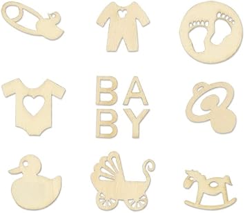 Mini Laser Cuts Wood Shape - Baby - Pram, Rocking Horse, Pacifier, and More - 45 Pieces - 1 Across