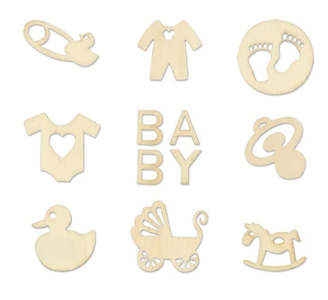 Mini Laser Cuts Wood Shape - Baby - Pram, Rocking Horse, Pacifier, and More - 45 Pieces - 1'' Across