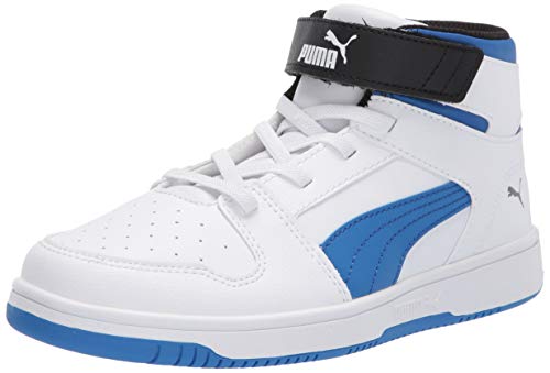 PUMA Unisex-Child Rebound Layup Hook and Loop Sneaker, White-Palace Blue Black, 2.5 M US Little Kid