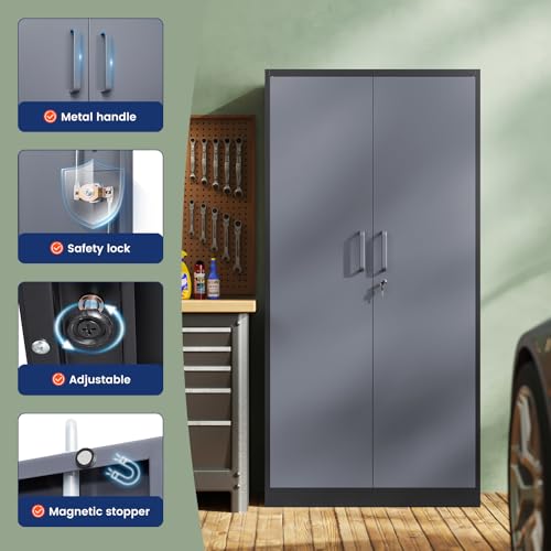 Image of Yizosh Metal Garage Storage Cabinet with 2 Doors and 5 Adjustable Shelves - 71 inch Steel Lockable File Cabinet,Locking Tool Cabinets for Office,Home,Garage,Gym,School (Gray Black)