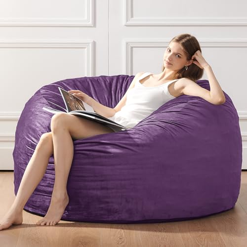 Image of Bean Bag Chairs for Adults - Memory Foam Furniture BeanBag Chair - Kids /Teens Sofa with Soft Micro Fiber Cover - Round Fluffy Couch for Living Room Bedroom College Dorm - 4 ft, Purple