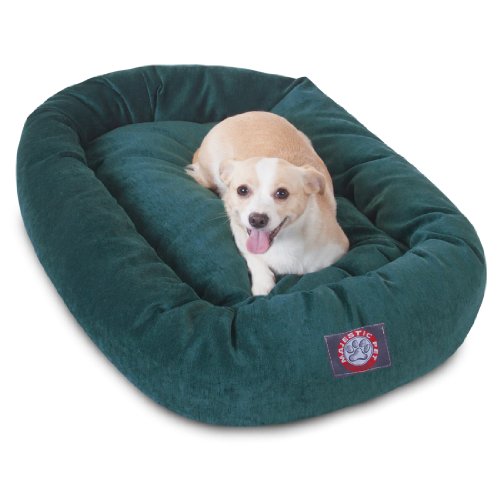 Image of Majestic Pet 32 Inch Micro Velvet Calming Dog Bed Washable - Cozy Soft Round Dog Bed with Spine for Head Support - Fluffy Donut Puppy Mat 32x23x7 (inch) Medium - Marine