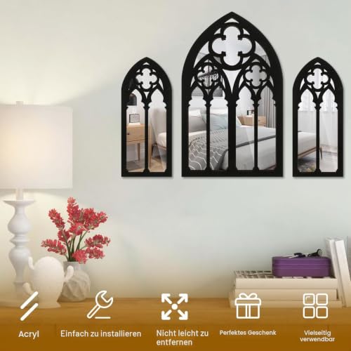 3 x gotische Spiegel, Wanddekoration, gewölbter Fenster-Wandspiegel, großer Gothic-Wandspiegel, schwarz, groß, Gothic-Spiegel, Wand für Wohnzimmer, Schlafzimmer, Badezimmer – Bild 3