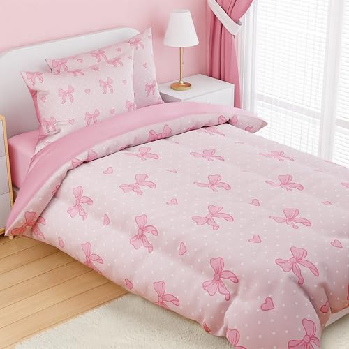 Image of SANDJEST Bow Comforter Set Full Size 98x86in for Kids Girls, Microfiber 4 Pcs Bedding Set Includes 1 Comforter, 2 Pillowcases, 1 Fitted Sheet, Nursery Room Decor