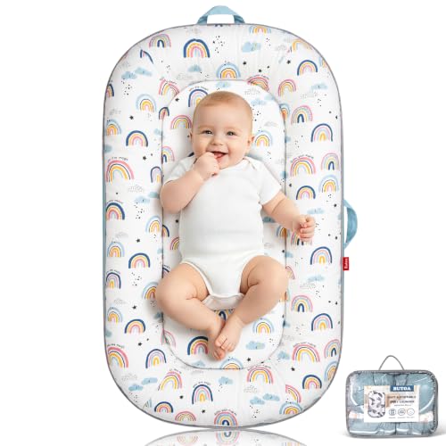 BUTOA Baby Lounger - Breathable Soft Baby Nest, Portable Infant Support Cushion Tummy Time Mat for 0-24 Months, Blue Rainbow