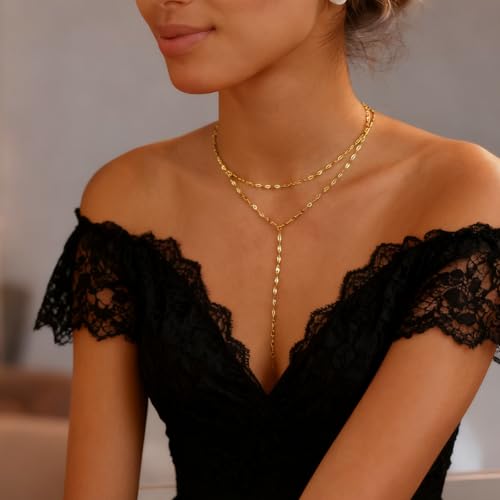 2 Stück Lange Halskette Damen,Layering Ketten Set ,14K Goldkette & Silber Wasserfest Choker Kette,Damen Gold Halskettes mit CZ Anhänger Y Kette Panzerkette Gold Halskette,für Damens Frauen Mädchen – Bild 7