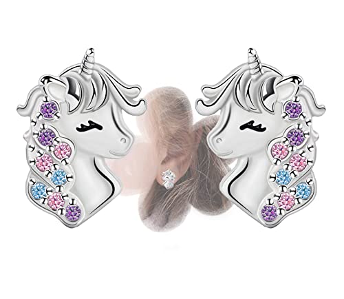 Unicorn Stud Earrings for Teen Girls - Sterling Silver Cute Animal Earrings for Women Hypoallergenic Cubic Zirconia Small Earrings for Sensitive Ears Dainty Post Earrings Gifts for Birthday Christmas