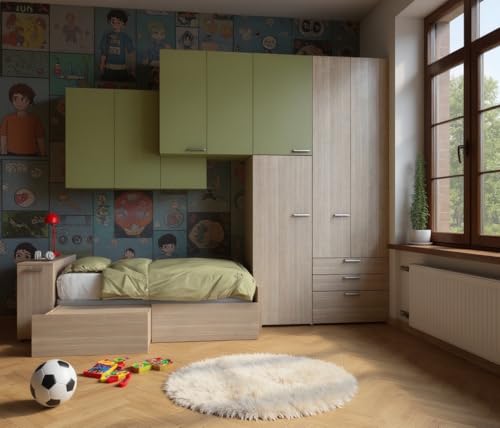 MOBILFINO CAMERETTE Chambre Bridge avec lit Simple, Armoire et Commode - Espace et Design - Rovere Rock e Salvia, La Gauche