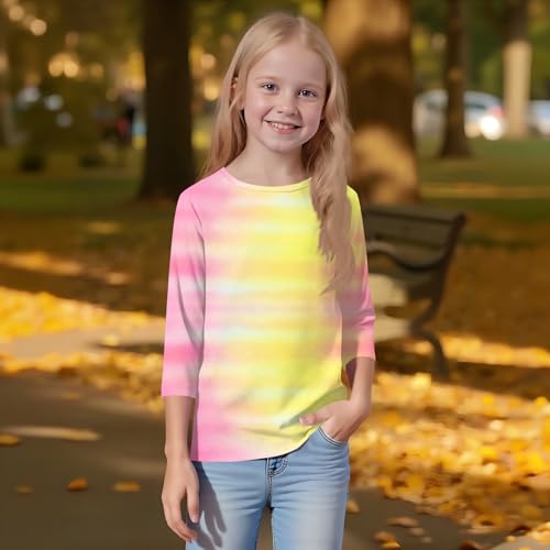 Fall Summer Shirts for Girls Boho Funny 3/4 Length Sleeve Cute Tops Tie Dye Crew Neck 3/4 Sleeve Loose Fit Blouse 20254