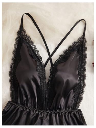 OYOANGLE Women's Satin Nightgowns Lace Deep V Neck Teddy Lingerie Sleeveless Romper Sleepwear3