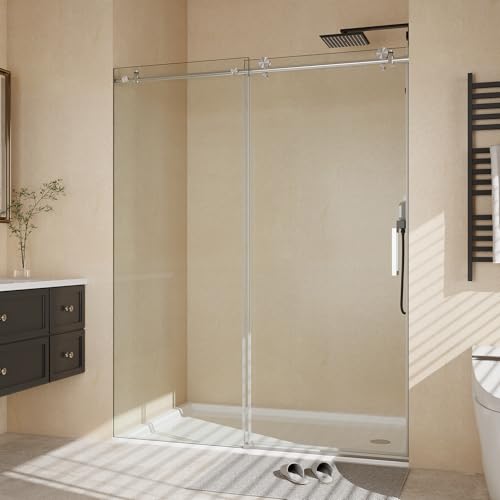 Image of Frameless Sliding Shower Door,44-48 in w x 76 in h Waterproof Glass Shower Door,1 /4 in Thick Tempered Clear Glass with Explosion-Proof Film,Handle and Seal Strip, Brushed Nickel