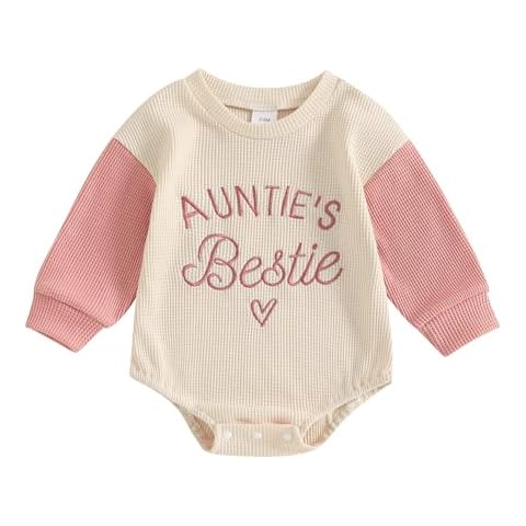 Lamuusaa Newborn Baby Girl Clothes Long Sleeve Aunties Bestie Embroidery Romper Waffle Bodysuit Shirt Fall Outfits (Pink, 0-3 Months) Cover