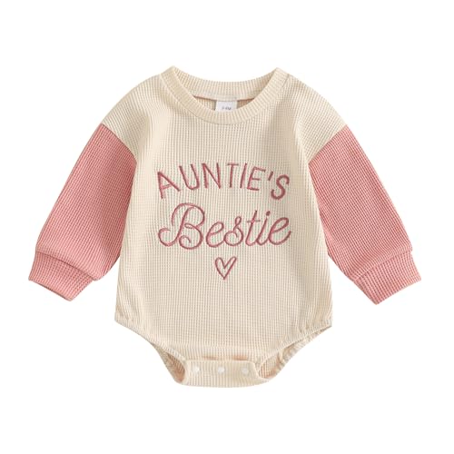 SAYOO Aunties Bestie Baby Girl Clothes Letter Embroidery Waffle Color Block Sweatshirt Bodysuit Fall Bubble Romper Pullover (Pink, 6-12 Months)