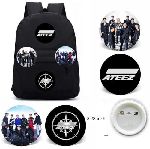 Kpop Gifts Set for Ateez, Including Drawstring Bag Backpack, Necklace, Earrings, Bracelets, Button Pins, Lanyard ID Holder, Keychain, Phone Ring Holder, Cartoon Badge3