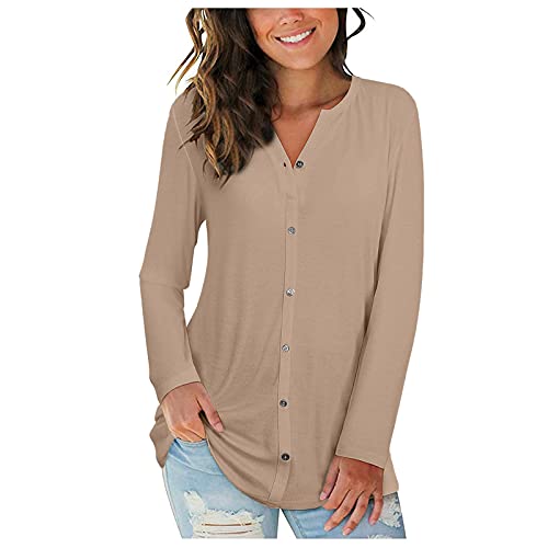 Aniywn Women s Solid Henley Shirt Casual V Neck Button Down Long Sleeve Shirt Plain Tops Blouse Work Office T-Shirt Beige