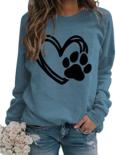 Sunidol Womens Puppy Paw Print Shirts Love Heart Graphics Long Sleeve Crewneck Pullover Loose Casual Dog Mom Sweatshirts Tops Blue Xxl #TOP1