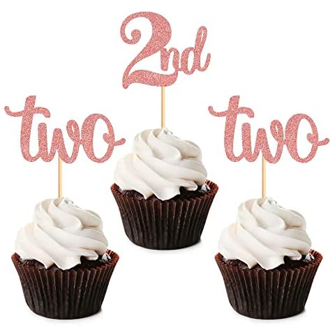 Blumomon 24Pcs Two Cupcake Toppers Glitter 2nd Birthday Cupcake Picks for Baby Shower Second Birthday Party Cake Decorations Supplies Rose Gold Cover