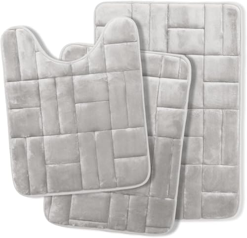 Clara Clark Set of 3 Bath Mats, Non-Slip Velvet Memory Foam Bathroom Rugs, Machine Wash, Soft and Plush Bath Rugs, 17 x 24 Inch, 20 x 32 Inch & U-Shaped 20 x 24 Inch, Tiled Design - Silver