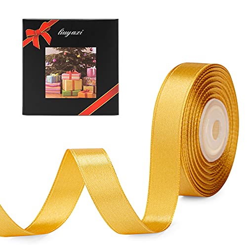 Image of Solid Color Double Faced Yellow Gold Satin Ribbon 5 /8 inch X 25 Yards, Ribbons Perfect for Crafts, Wedding Decor, Bow Making, Sewing, Gift Package Wrapping and More