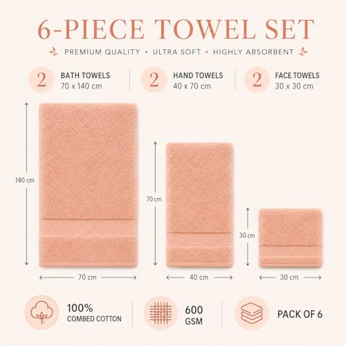 Image of Sulfar 100% Combed Cotton, 6 Pcs Towel Set - 2 Bath Towels (70 x 140 cm), 2 Hand Towels (40 x 70 cm) and 2 Face (30 x 30 cm) (600 GSM, Pack of 6) Tender Peach