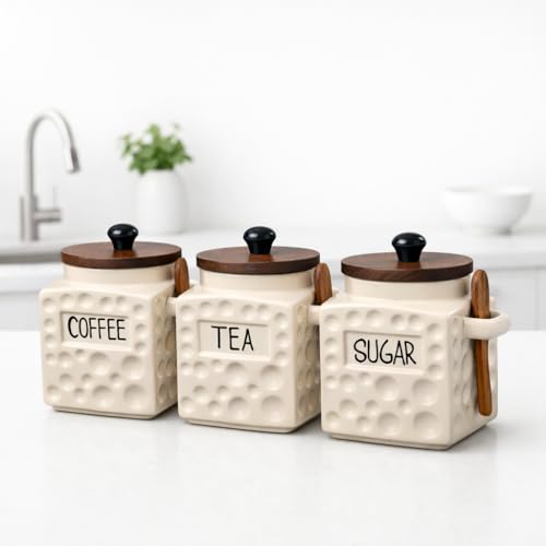 Image of The Deluxe Creations Ceramic Tea Coffee Sugar Jars Set with Wooden Lid & Spoon | Premium Kitchen Storage Canisters | Airtight Containers for Tea Coffee Sugar | 500 ML Each | Set of 3