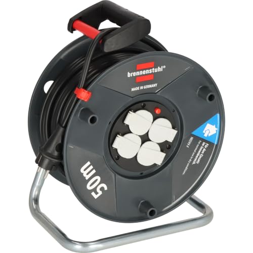 Brennenstuhl Garant V2 - Carrete de cable (50 m, fabricado en Alemania, 4 enchufes con protección de contacto, protección contra sobrecalentamiento, cuerpo de tambor de plástico especial)