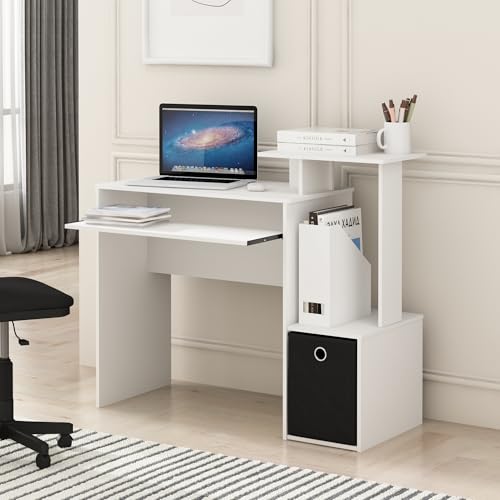 Image of Furinno ECON Desk, Gaming Desk with Keyboard Tray, Computer Desk, Office Desk with Side Shelves and Storage Bin for Home Office, Plain White