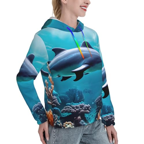 Sweat à capuche femme monde sous-marin pull ajusté imprimé dauphins polyvalent