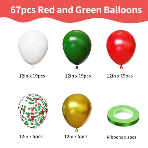 Image of Christmas Balloons, 67pcs 12 Inch Red and Green Balloons, Red Green confetti White and Gold Balloon for Birthday, Christmas Party Decorations
