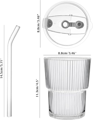 Image of Glass Mug with Bamboo Lid and Straw, 510ml, for Cold Drinks, Smoothies, Coffee(Pack of 1) (Ribbed Glass Mug)