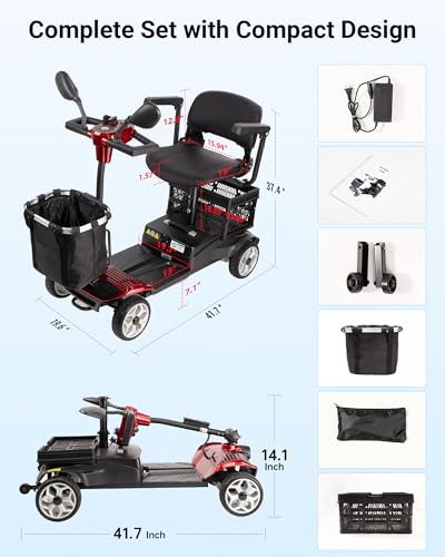 Image of 4 Wheel Mobility Scooter for Seniors & Adults, Foldable Portable Motorized Electric Scooters with Removable Battery for 15 Miles Travel, 330 LB Capacity, Dual Baskets & Rotating Seat (Red)