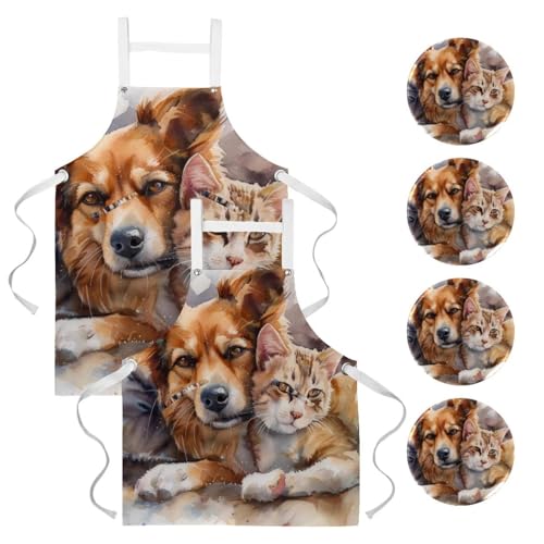 Lot de 2 tabliers aquarelle chat chien pour cuisine et pâtisserie