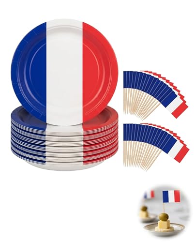 TISCH Kit Décoration France : 50 Cure-dents Drapeau Français en Papier & 10 Assiettes de 7 Pouces, pour Fête Nationale, Coupe du Monde, Buffet & Apéritif.