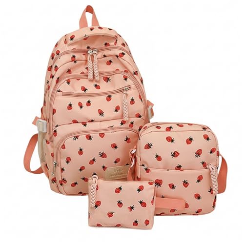 Sac à dos d'école fraise 3-en-1 avec sac déjeuner et trousse crayons pour filles