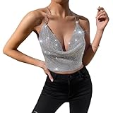 Sequin Body Chain Top Shining Camisole Crop Tops Deep V Chain Vest Nightclub Tops Strapless Club Party Body Sparkle Cami Top (Silver)