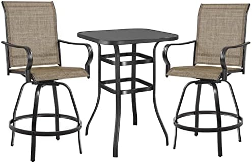 Yaheetech 3 Pcs Outdoor Patio Bar Stools Swivel Bar Set, Bar Chairs and Table All Weather Furniture Set for Cafes Yard Lawn and Garden