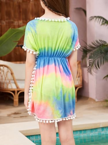 Milumia Girl's Tie Dye Tassel Swimwear Cover Up Short Sleeve Beach Dresses2