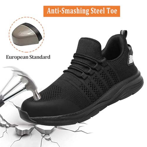 LUPWEE Safety Trainers for Men Women Slip Resistant Steel Toe Cap Trainers,Comfortable Lightweight Puncture Proof Safety Work Shoes Construction Work Utility Shoes, Black 44 - Image 2