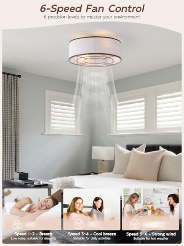 Image of 20 inch Brown Ceiling Fans with Lights, Boho Flush Mount Ceiling Fan with Light and Remote, Drum Fabric with 6 Speeds for Bedroom, Nursery, Living Room