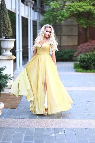 Image of Women's Glittery Spaghetti V-Neck Prom Dresses Long A Line Bridesmaid Dresses Side Split Formal Evening Gowns Dusty Blue,US10