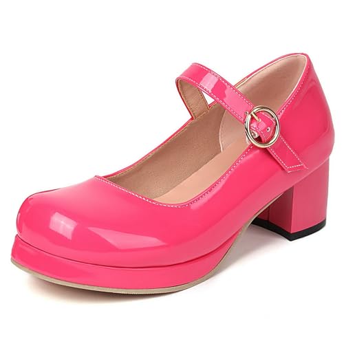 Alsoloveu Women's Mary Jane Shoes Round Toe Chunky Block Heel Low Platform Pump Shoes with Adjustable Strap