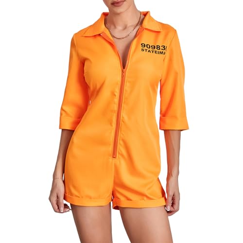 Women's Prisoner Costume Orange Prison Jumpsuit Uniform Halloween Inmate Criminal Costume for Theme Party Cosplay (A-Orange, M)