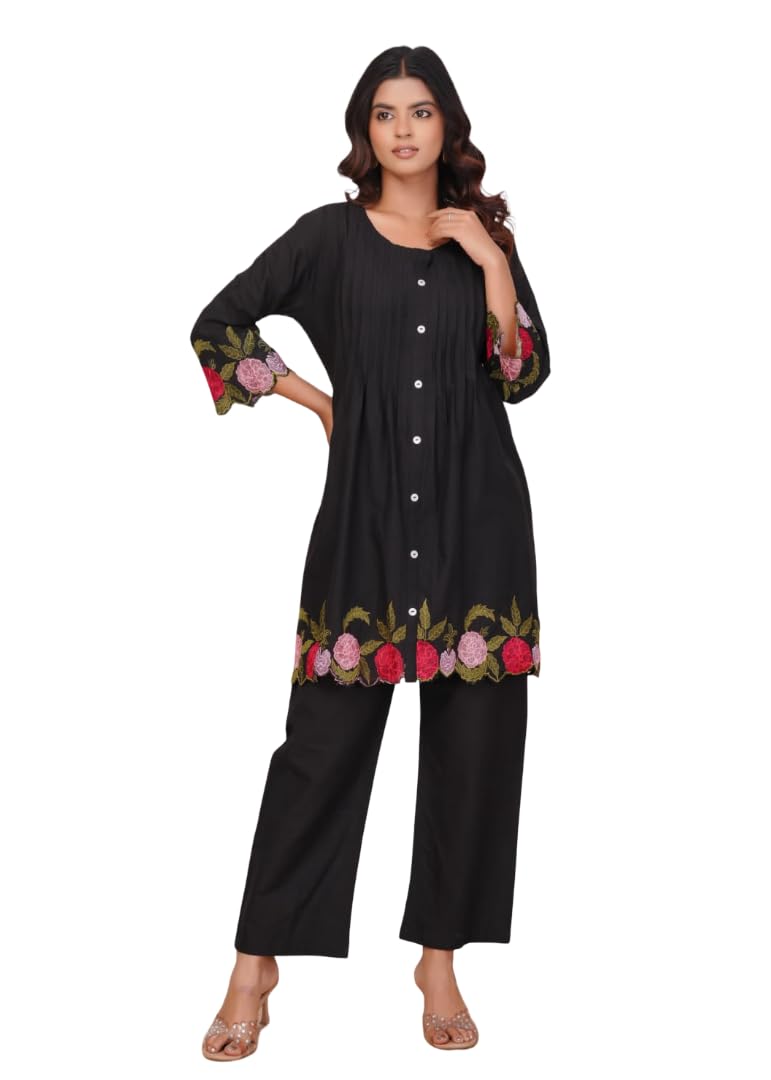 Women Co-Ord Set Cotton | Embroidered Straight Kurti with Pant | Stylish Ethnic Co-Ord Outfit for Casual, Office & Festive-image-3
