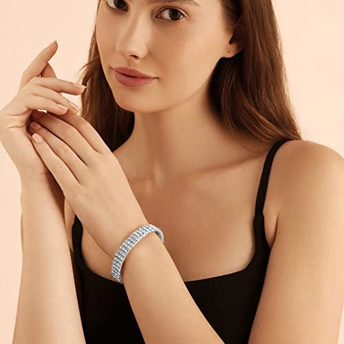 Zealmer 3 Row Rhinestone Stretch Bracelets For Women Bling Diamond Silver Cuffs Glitter Bracelet Stackable Gold Plated Sparkling Jewelry Gifts For Womens Girls Bridal Wedding Bridesmaid #TOP4