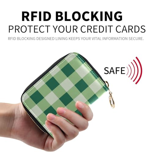 Women's Green Buffalo Plaid Credit Card Holder Wallet Leather Zipper Card Case for Ladies Girls 203009783