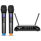 Depusheng R2 Micrófono inalámbrico con eco, agudos, bajos y Bluetooth, rango de 160 pies, sistema de micrófono dinámico de karaoke de mano dual portátil UHF